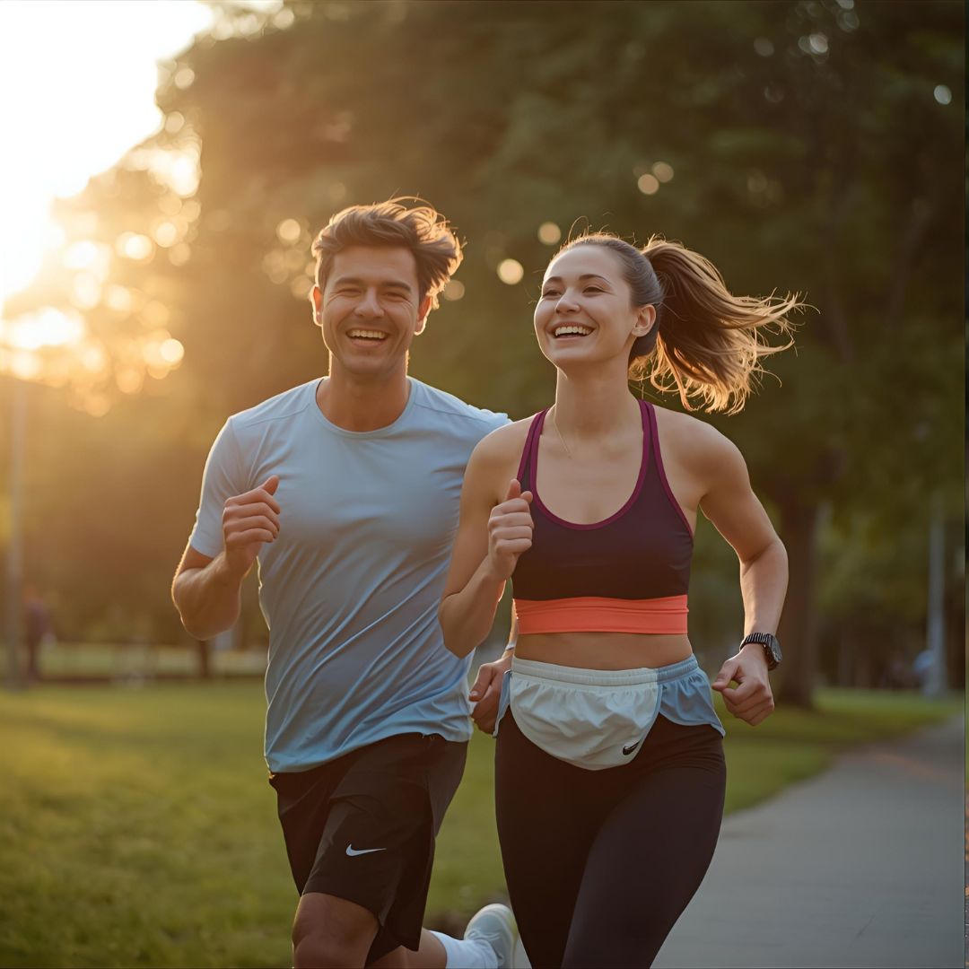 Smiling couple running outdoors